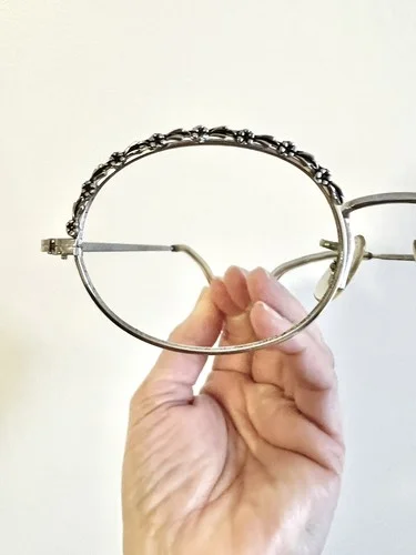 VTG 60s Flower Power Janis Joplin EyeGlass Frame Floral Silvery Oval Hippy NOS