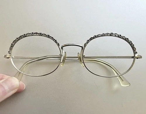 VTG 60s Flower Power Janis Joplin EyeGlass Frame Floral Silvery Oval Hippy NOS 4