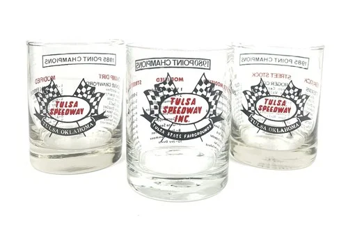 Vtg 80’s Set Of 3 Tulsa Speedway 1980 & 1985 Glass Cups Mancave Bar Collectibles