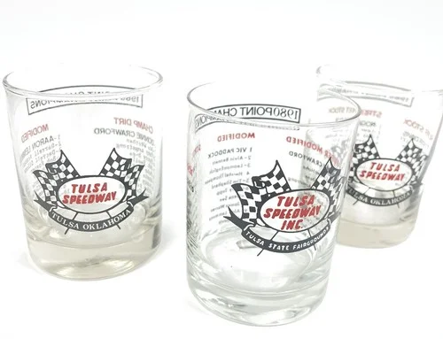 Vtg 80’s Set Of 3 Tulsa Speedway 1980 & 1985 Glass Cups Mancave Bar Collectibles 2