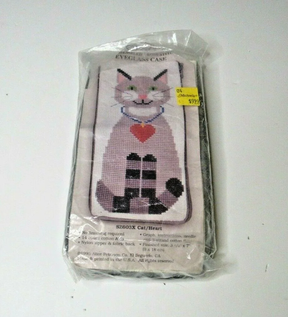 VTG Cross Stitch Kit Stitch Zip Eyeglass Case Siamese Cat 1995 (almost finished) 3