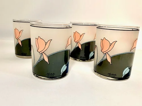 Vtg Noritake Santa Barbara Frosted Double Old Fashioned Rocks Glasses Set 4 Pink 2