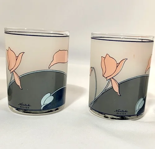 Vtg Noritake Santa Barbara Frosted Double Old Fashioned Rocks Glasses Set 4 Pink 3