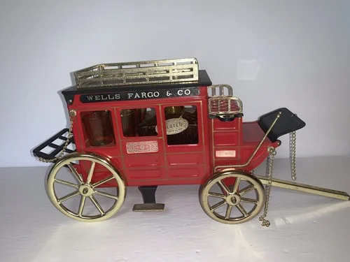Wells Fargo & Co U.S. Mail Tin Stagecoach Mini Bar Decanter & 6 glasses VINTAGE