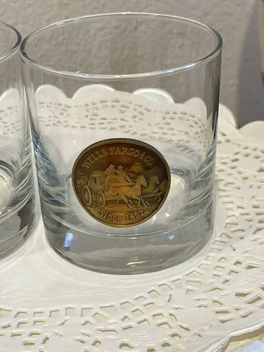 Wells Fargo Cocktail Glasses Banking Memorabilia Stagecoach Bronze Medallion 3