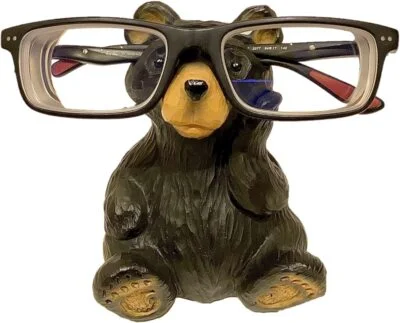 Whimsical Sitting Wood Cut Hand-Carved Bear Figurine Eye glasses Holder Stand