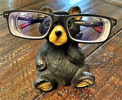 Whimsical Sitting Wood Cut Hand-Carved Bear Figurine Eye glasses Holder Stand 2