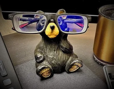 Whimsical Sitting Wood Cut Hand-Carved Bear Figurine Eye glasses Holder Stand 3