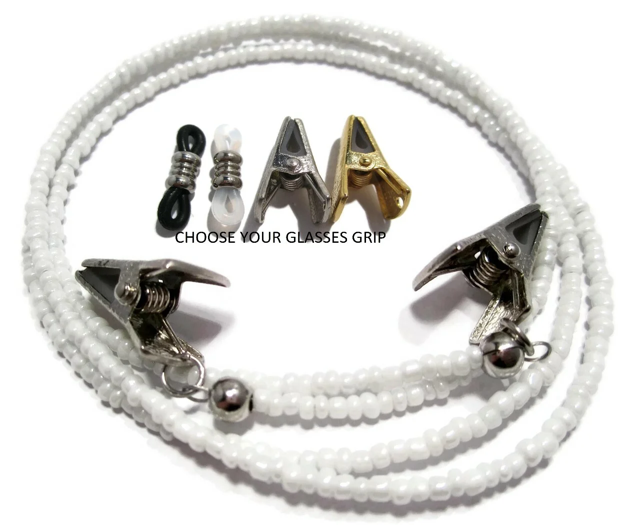 White Beaded Eyeglass Holder, Glasses Necklace Strap, PICK YOUR GRIP, Lanyard