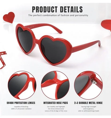 Women Polarized Heart Shaped Sunglasses Retro UV 400 Protection Eye Glasses-Red 2