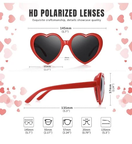 Women Polarized Heart Shaped Sunglasses Retro UV 400 Protection Eye Glasses-Red 3