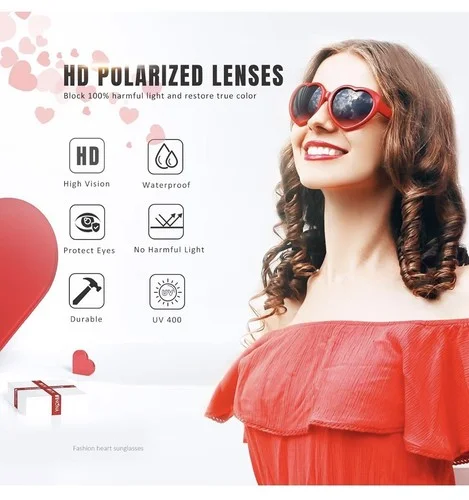 Women Polarized Heart Shaped Sunglasses Retro UV 400 Protection Eye Glasses-Red 4