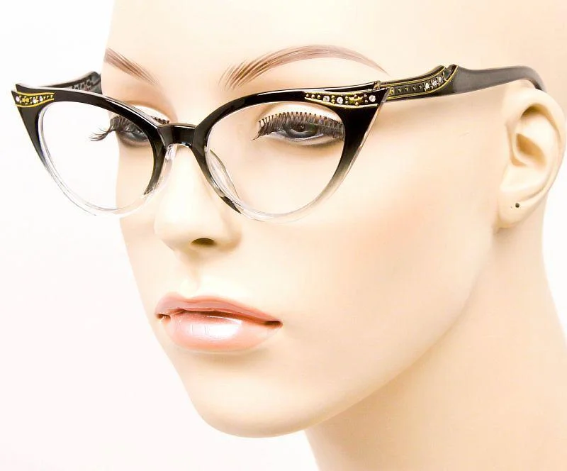 Womens Cat Eye Thin Half Clear Ombre Frames Crystals Sexy GOLD PinUp EyeGlasses 3