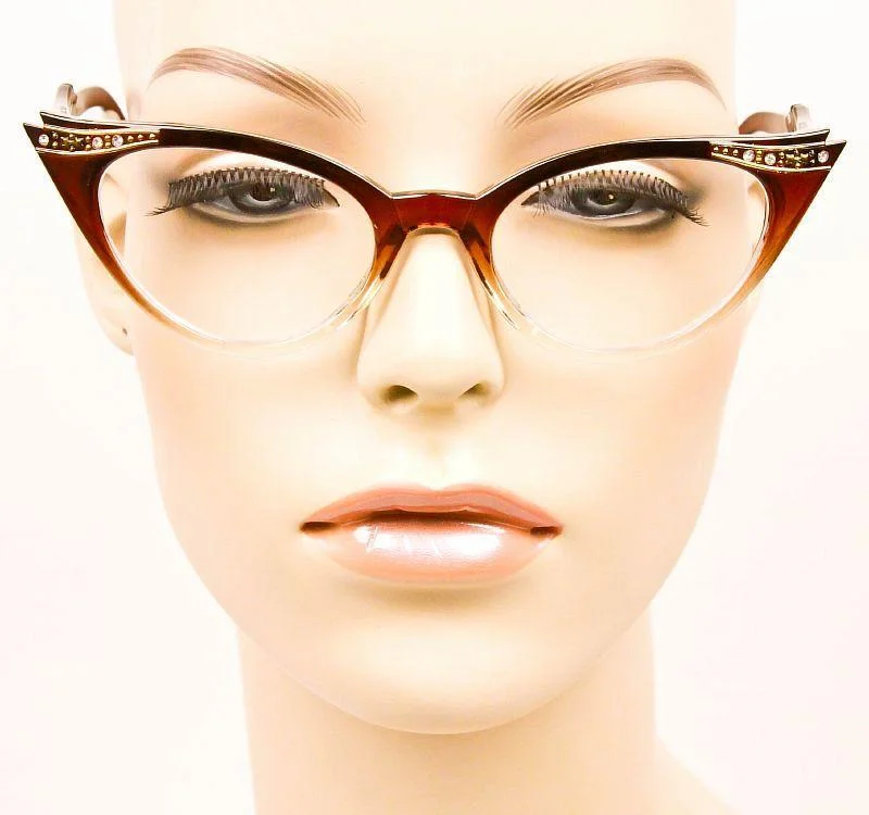 Womens Cat Eye Thin Half Clear Ombre Frames Crystals Sexy GOLD PinUp EyeGlasses 4