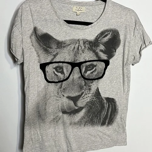 Zara T Shirt Womens S Lion Eye Glasses Gray Jersey Bohemian Classic Novelty