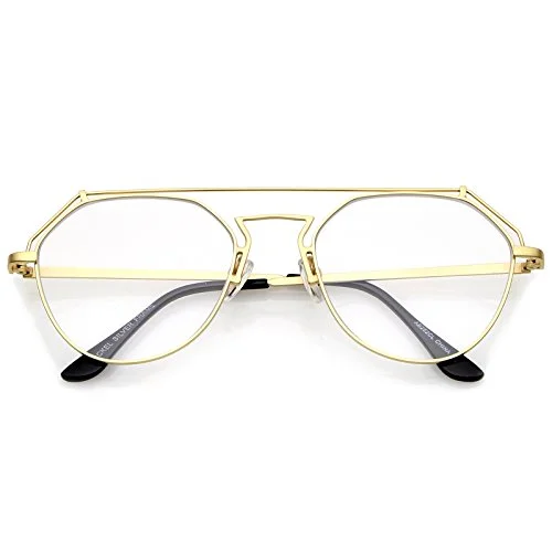 zeroUV Modern Matte Metal Frame Open Metal Clear Flat Lens Aviator Eyeglasses 50mm (Gold/Clear)
